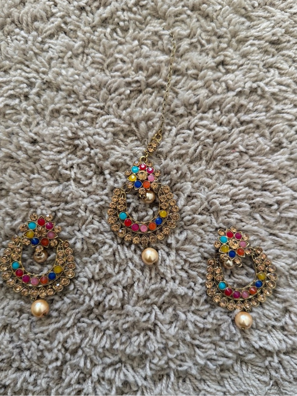 Gold-Tone Multicolor Stone Drop Earrings with Pearl Accent